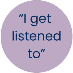 Purple circle with quote that reads I get listened to